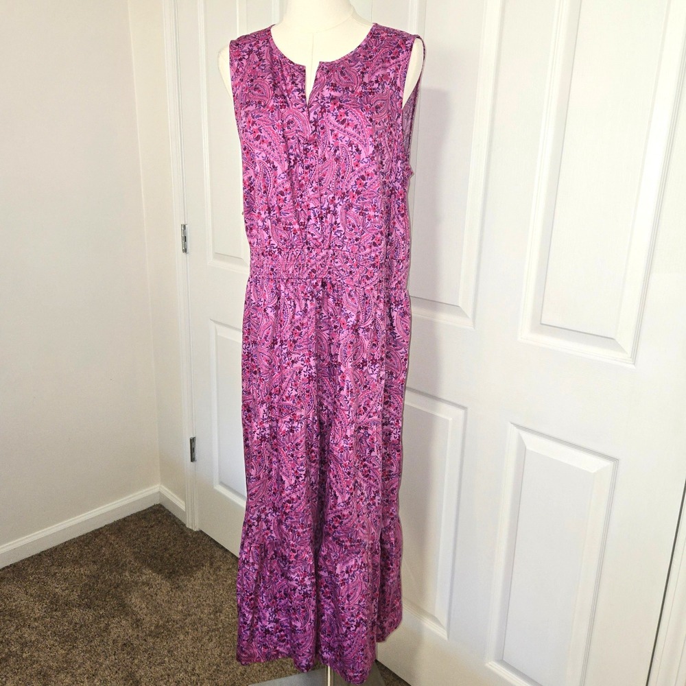 J. Jill Maxi Dress Womens Large Pink Paisley Floral Cotton Tiered Sleeveless
